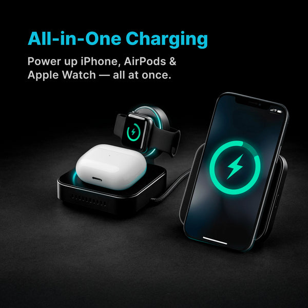 3 in 1 Portable Charger for Iphone Magsafe,Apple Watch, Komutr Earbuds, 15W Fast Charging - Komutr